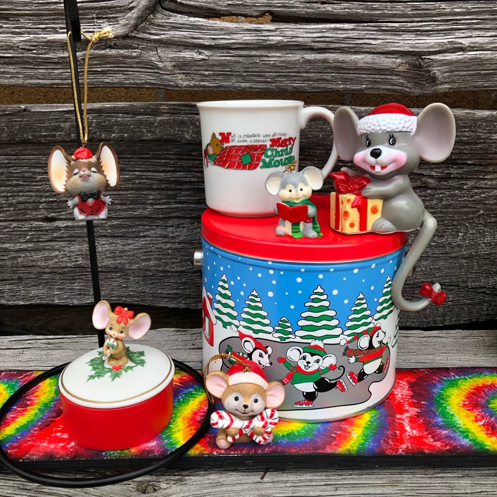Christmas Vintage Mouse lot Xmas mice decor ornament 90s 80s a 7pc mixed lot ❤️💚
